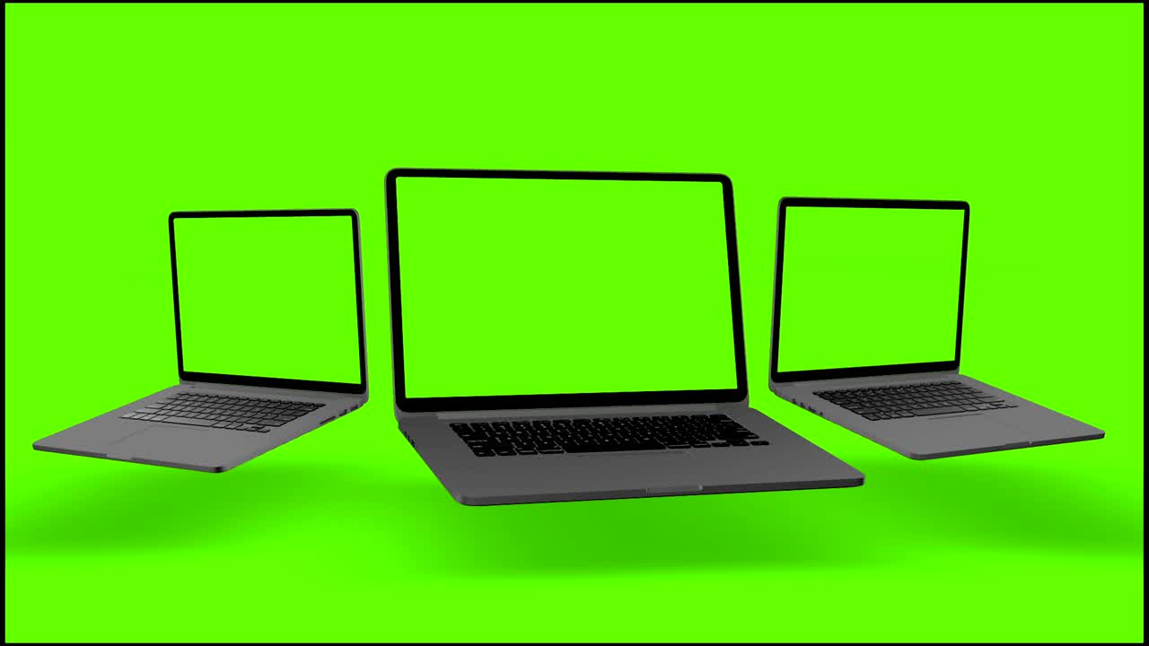 4K Video. Laptops (Notebook) Turning On With Green Screen On A Green Background.