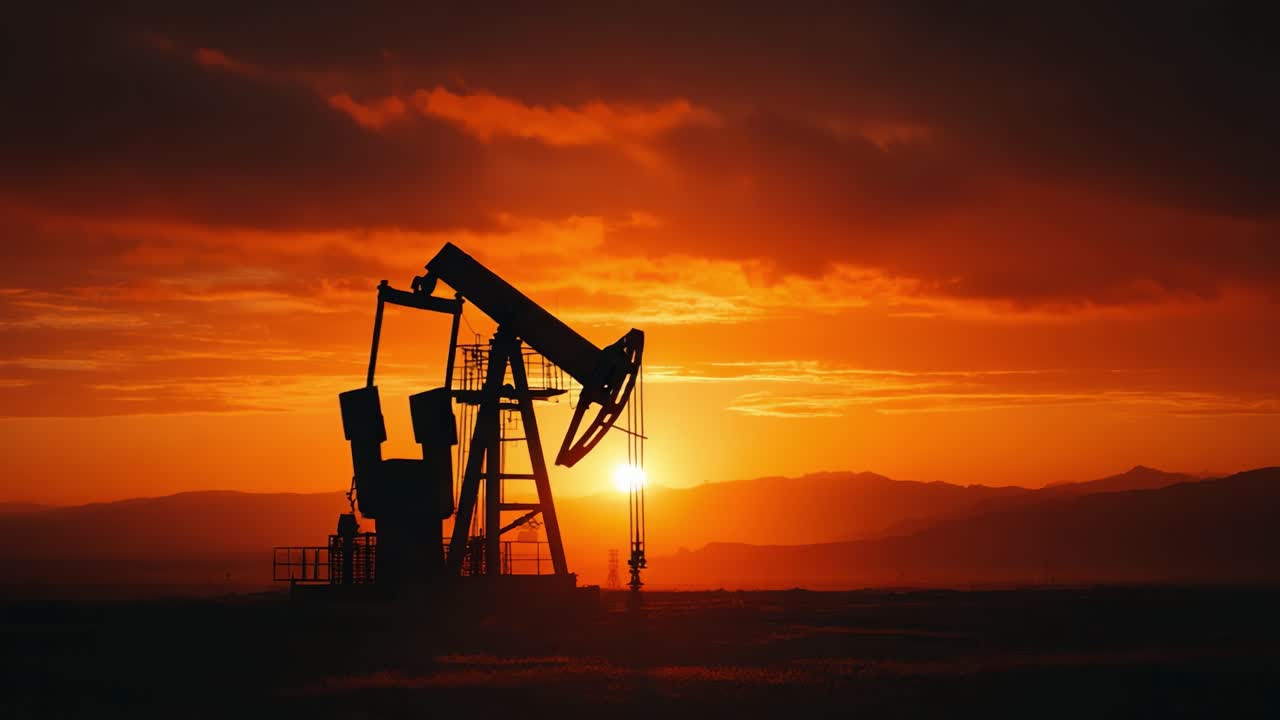 Pompa Petrolifera in Silhouette al Tramonto: Scena Accattivante di Estrazione di Energia nel Bagliore Dorato del Crepuscolo su un Terreno Montuoso