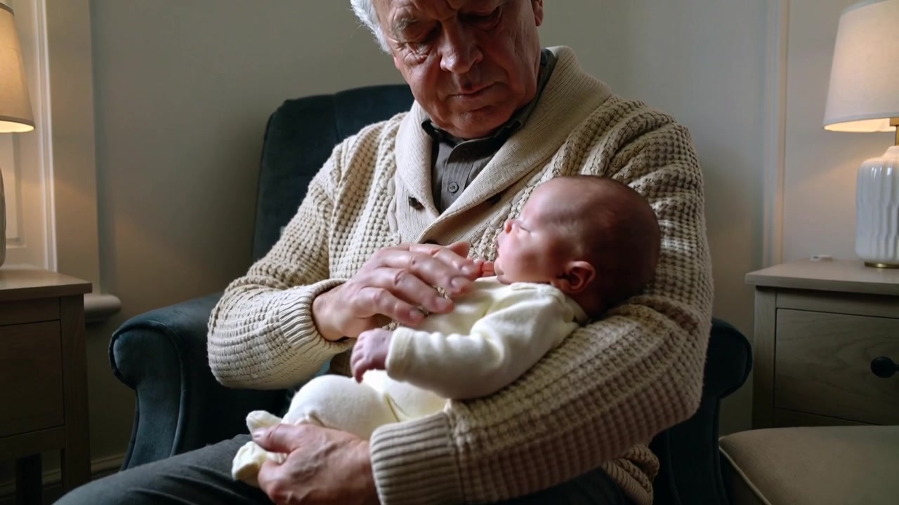 Justerer greb efter spædbarnets bevægelse, ældre mand vugger og beroliger baby i lænestol, lamper