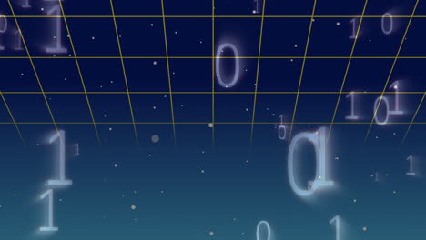 animation of binary code floating over blue digital space