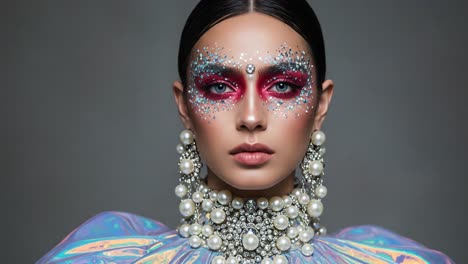 stunning beauty transformation: a high-fashion portrait featuring exquisite makeup, dramatic accessories, and artistic elegance captured in two striking frames