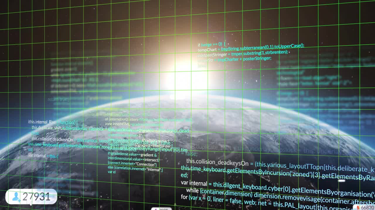 Grid fading in, panels drifting, code flowing, sun rising, badges orbiting globe showing data