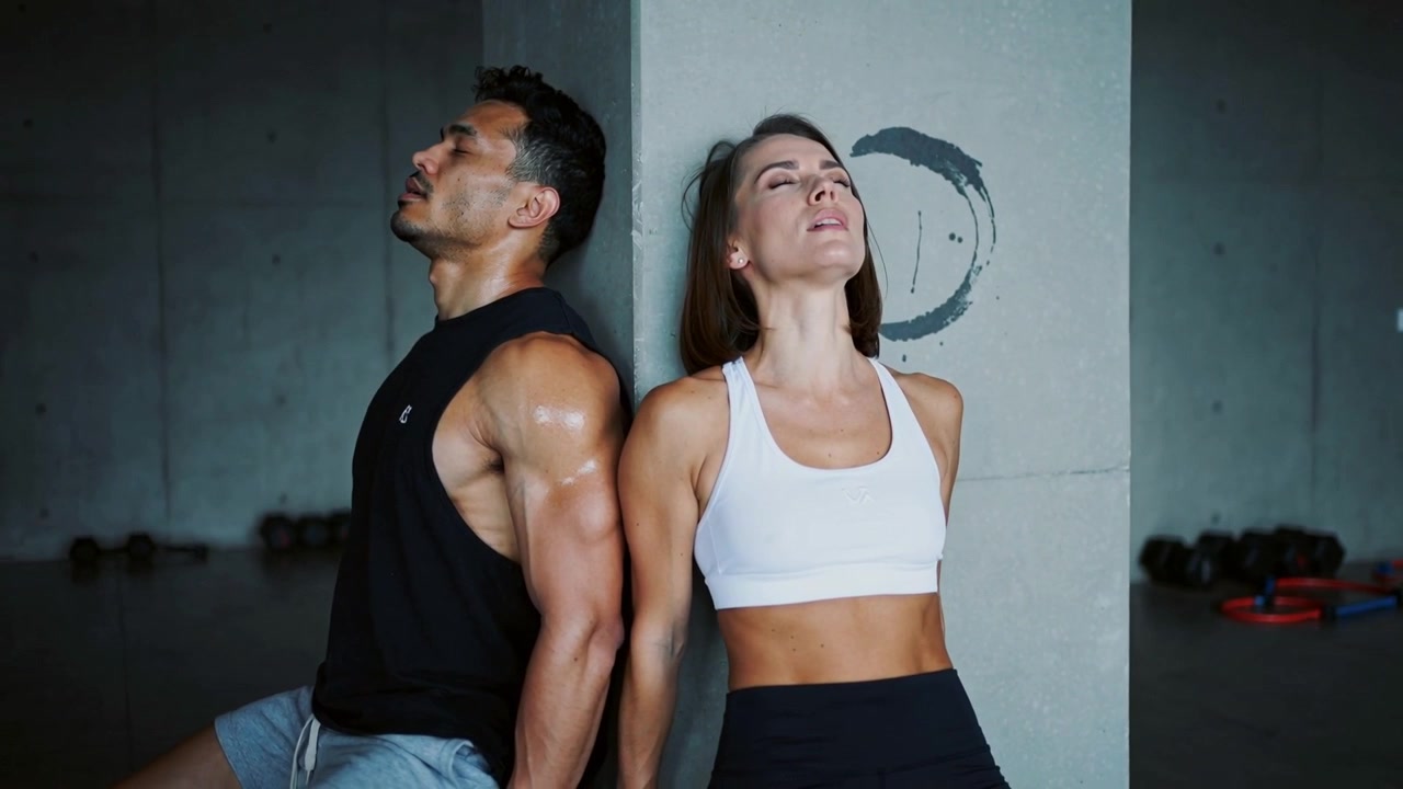 Recuperação pós-treino, casal em forma alongando-se de costas um para o outro em um pilar de concreto na academia, com roupas esportivas.