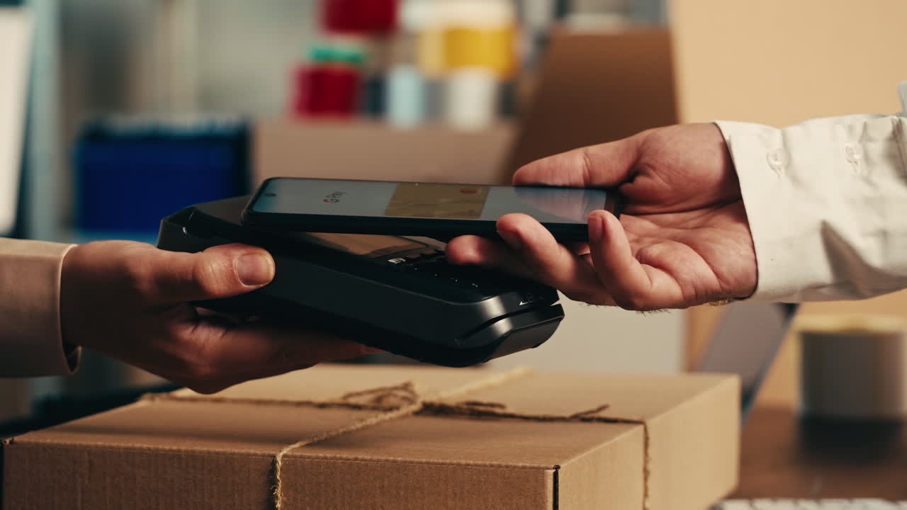 E-commerce storage shop, woman packing goods and clothes for second hand delivery market, dedicated Packaging and Shipping Workspace with Supplies and Technology for efficiency, online sales.