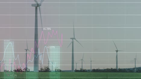 Animation-Der-Statistischen-Datenverarbeitung-über-Sich-Drehenden-Windmühlen-Auf-Grasland-Vor-Grauem-Himmel