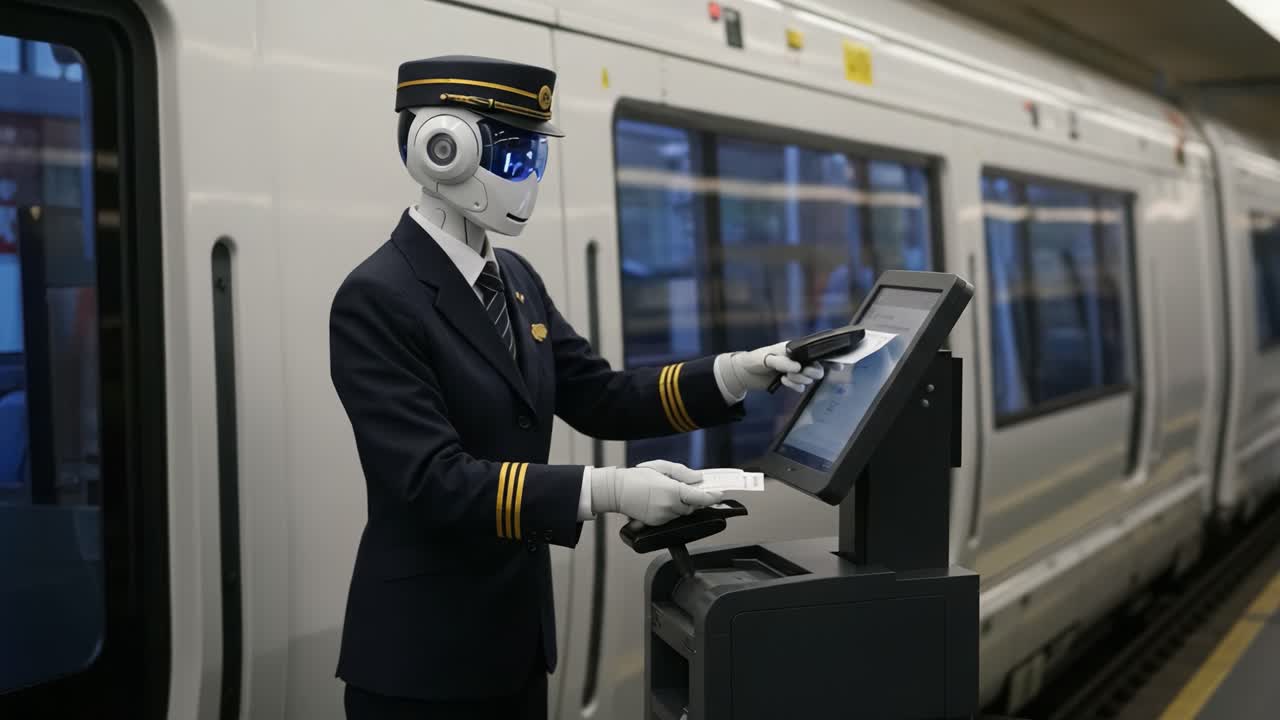 Futuristic Train Station Scene Featuring a Robot Conductor Interacting with a Digital Control Panel in a High-Tech Transport Environment