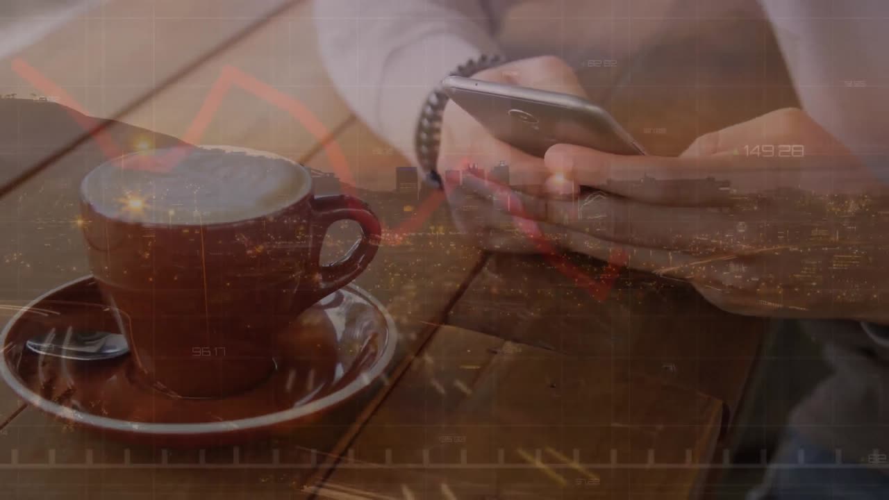 스마트 폰을 사용하는 백인 남성에 대한 금융 데이터 처리 애니메이션