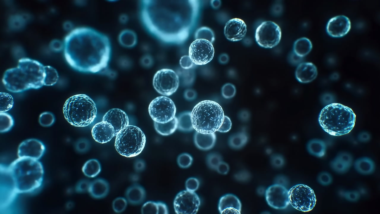 Blue Floating Cells Under Microscope, Spherical Cell Clusters Drift In Dark Fluid, Laboratory Researcher