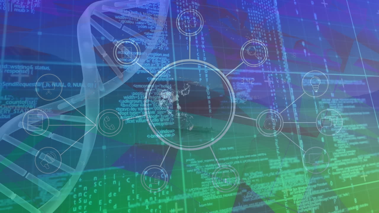 animación de la red de conexiones con iconos sobre el procesamiento de datos