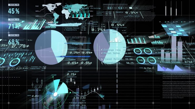Animation of financial data processing over dark background
