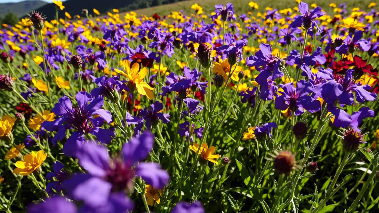 Fiori di campo vivaci in un prato, catturati da una prospettiva dal basso, creano un'esperienza vivace e coinvolgente