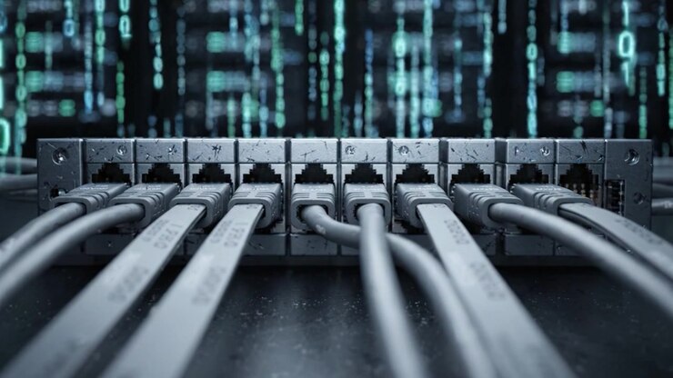 Exploring a Network Switch with Multiple Ethernet Connections for Data Transmission in a High-Performance Server Environment Displaying Binary Code and Connectivity