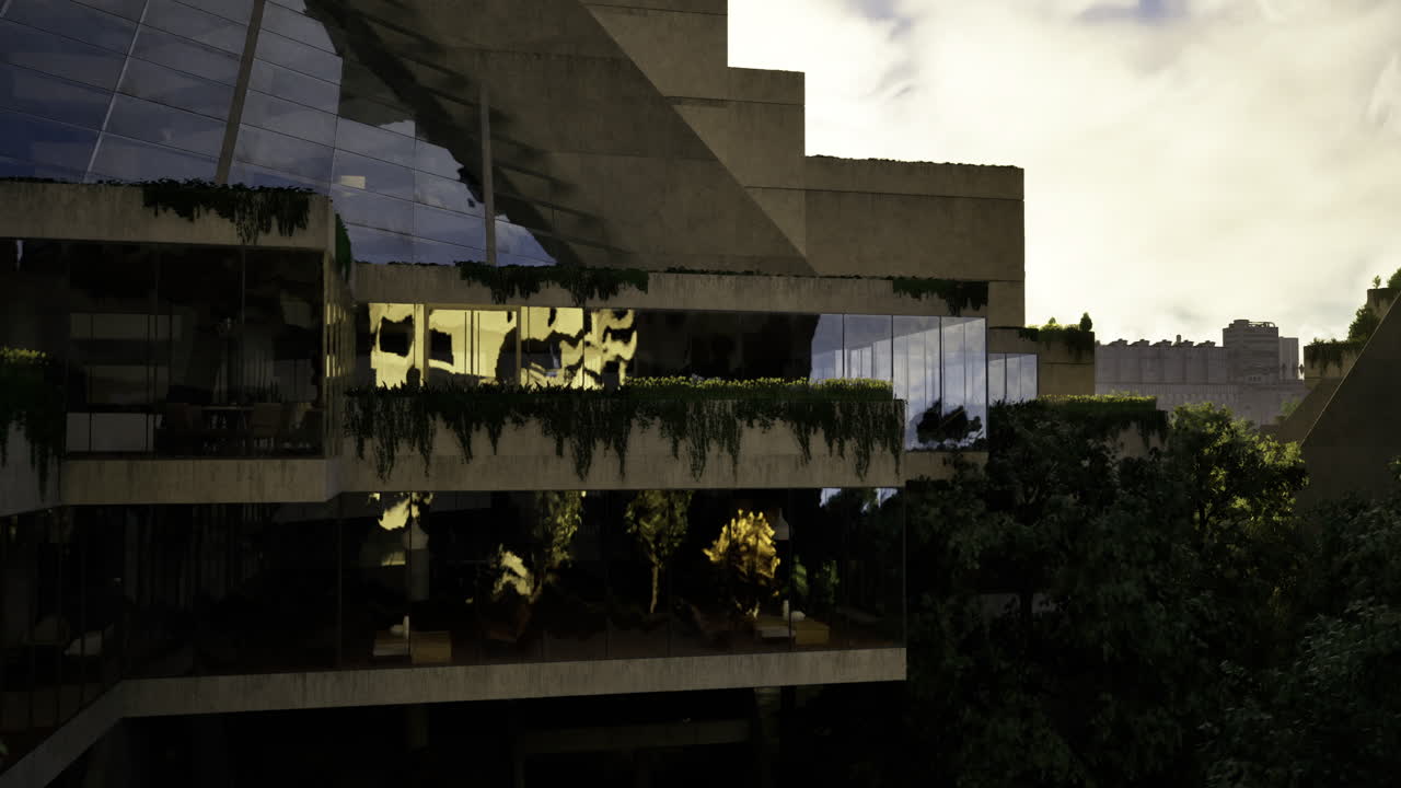 Modern architecture featuring greenery in an urban setting under soft light