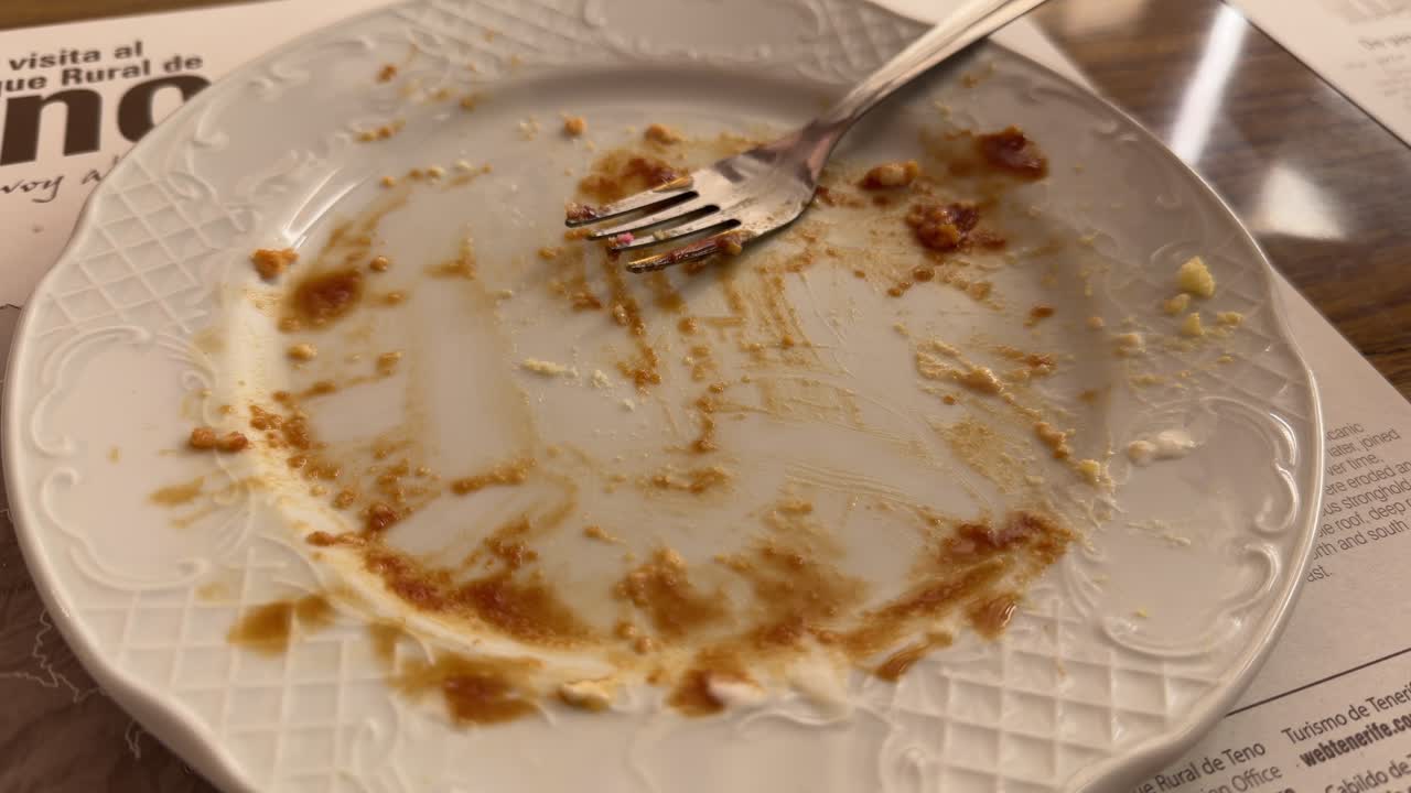 Empty cake plate with fork, Teneriffa, satisfying meal enjoyed