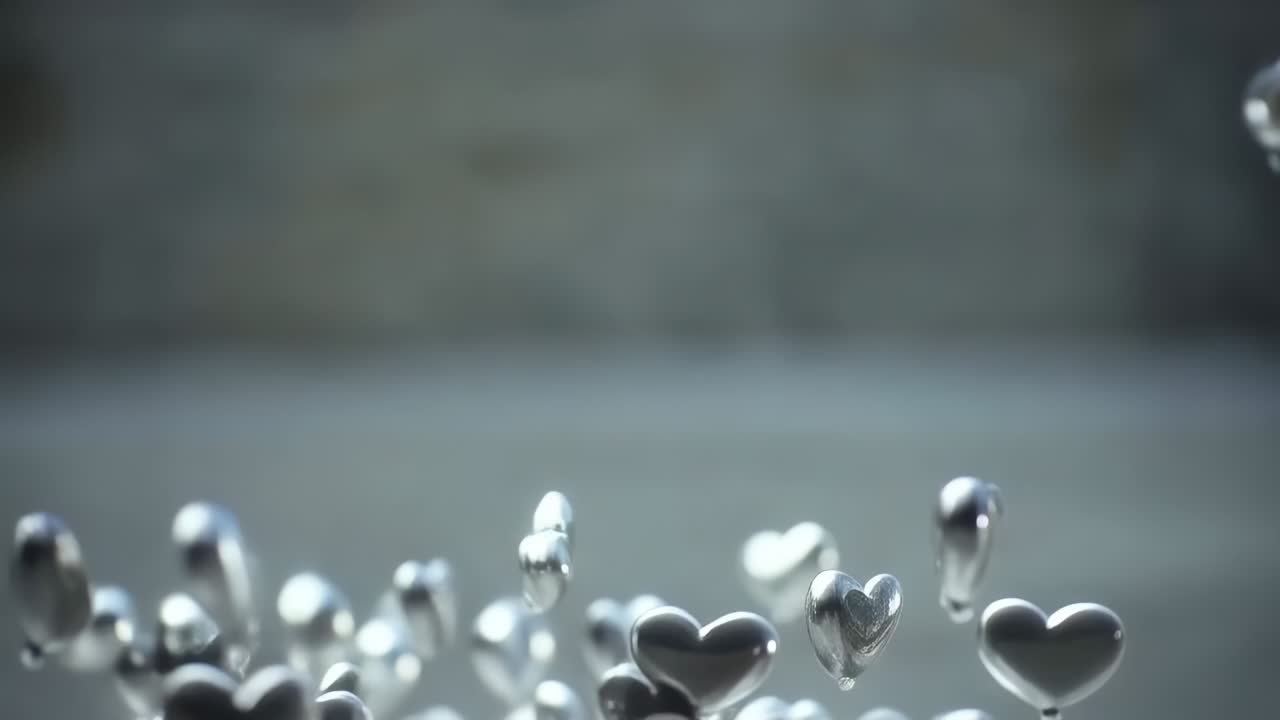 Cambiando la messa a fuoco, cuori riflettenti vengono inviati, convergendo e salendo lungo la parete dello studio, uscendo dall'inquadratura