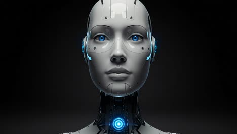 an advanced robotic face showcasing cutting-edge technology with illuminated eyes and a sleek design, symbolizing future innovations in artificial intelligence