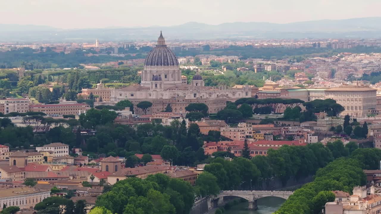 St. Peter's Basilica on Cloudy Day in Rome, Italy - Descending Drone Shot