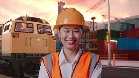 close up of asian female engineer with safety helmet crossing her arms and smiling to camera with freight cargo train at port