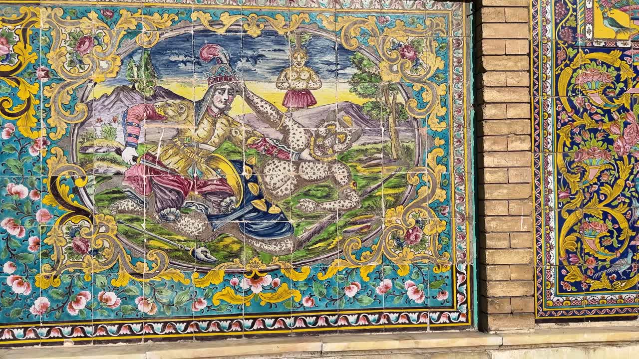 luxury nostalgic rich people mansion wooden windows vivid tiles Persian architecture marble walls patterned mosaic decorated facade royal residence historic landmark tourism destination world heritage