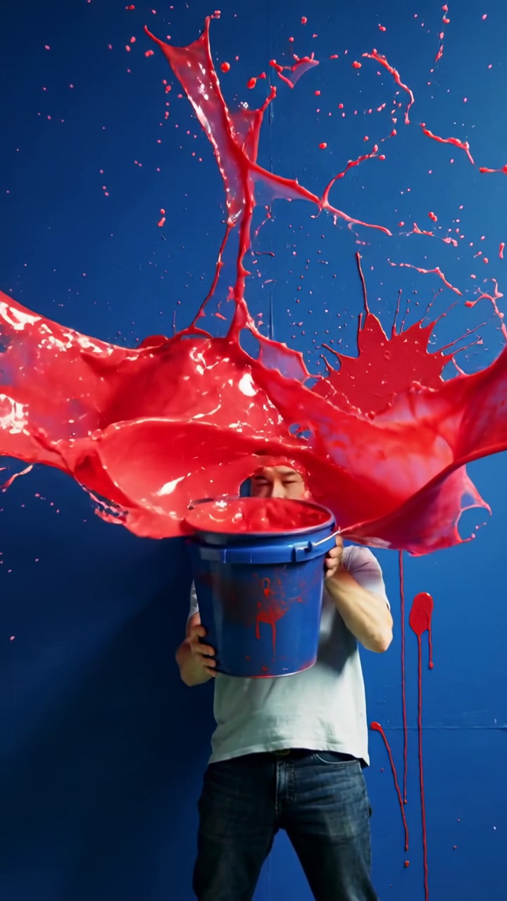 Vertical video: Tilting man pouring red paint on blue set to create splash with bucket in gray tee