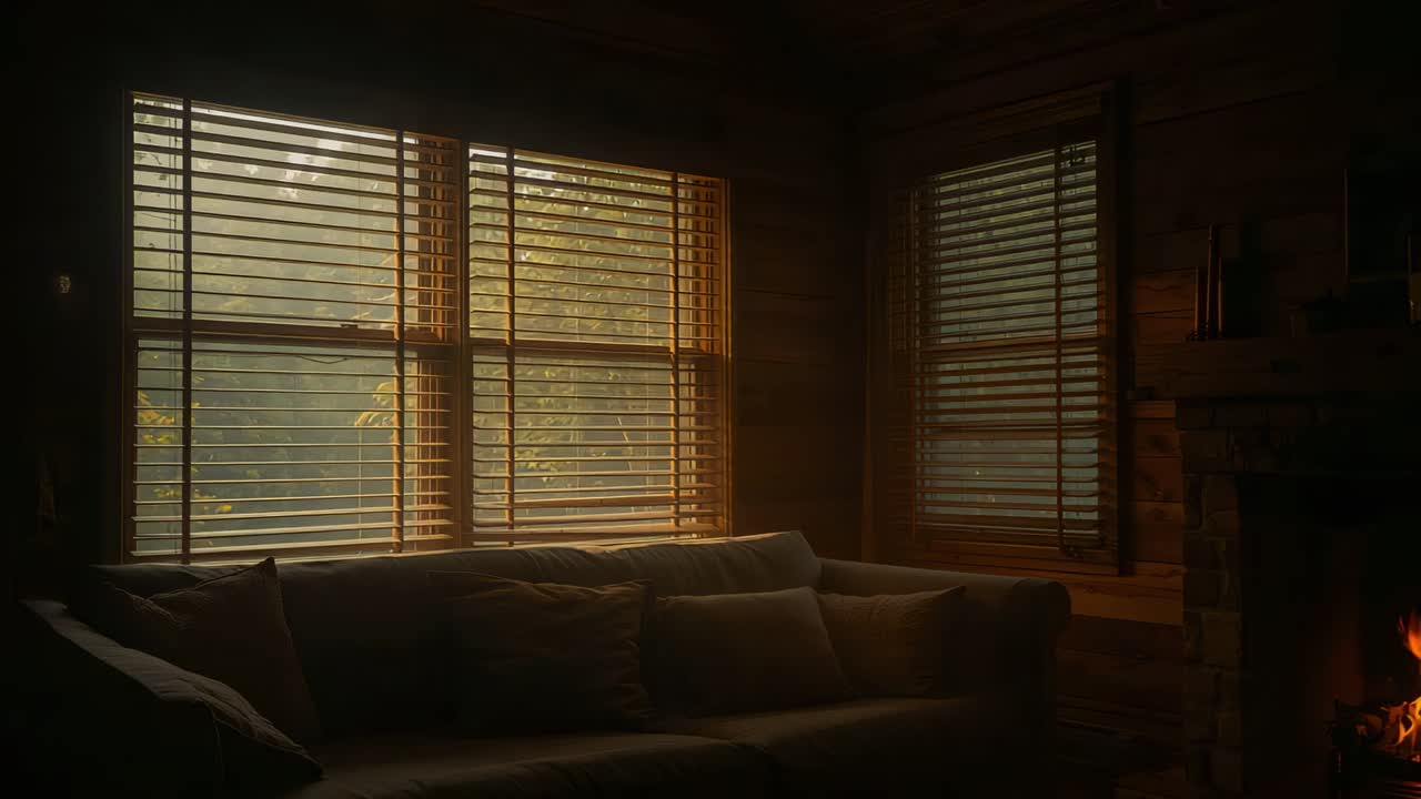 Receiving sofa soaking warm sun through blinds in cozy cabin as trees moving, flickering hearth