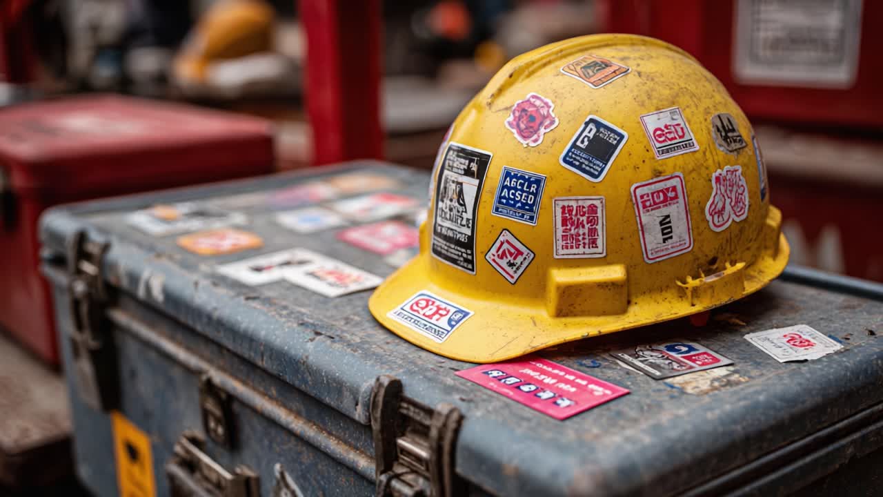 A Vibrant Yellow Hard Hat Covered in Stickers, Resting on a Weathered Toolbox Surrounded by Industrial Equipment in a Construction Environment