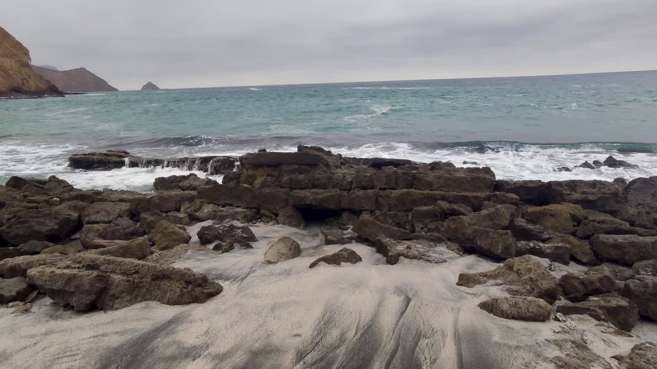 a cold beach waves and rocks