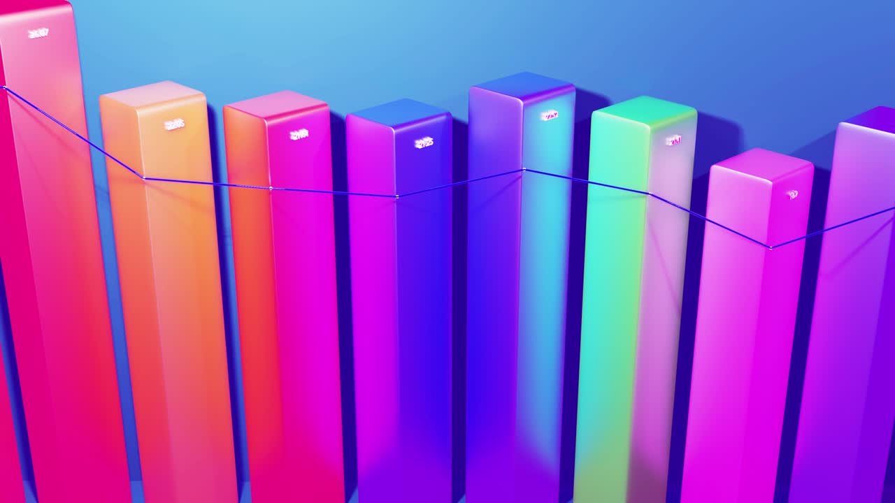 beautiful 3d looped background for analytical programs with abstract infographics, statistical data. Multicolor bars, counters and graph. 3d columns smoothly move up and down in loop. Financial bg