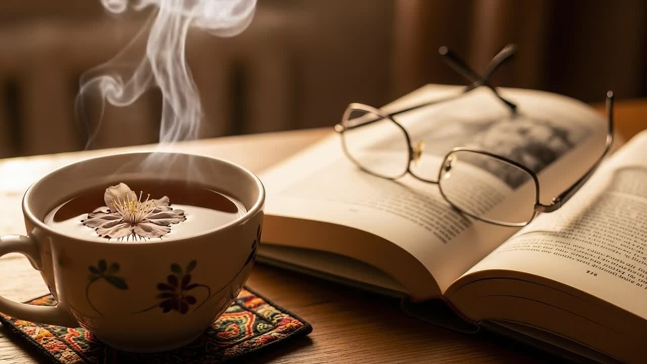 Um Momento Aconchegante de Tranquilidade: Uma Xícara de Chá Quente com Aroma Floral ao Lado de um Livro Aberto e Óculos de Leitura, Perfeito para Relaxamento e Reflexão