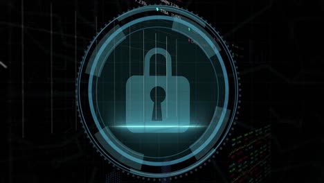 animación del icono digital del candado y procesamiento de datos sobre fondo negro