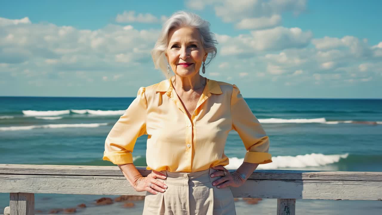 Elegant senior woman wearing a yellow shirt and beige pants is posing with her hands on her hips on a wooden pier, enjoying the sunny seascape and smiling