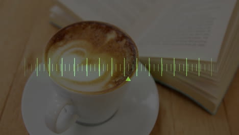 latte art coffee cup being rendered in flat design, with open book and sound wave overlay