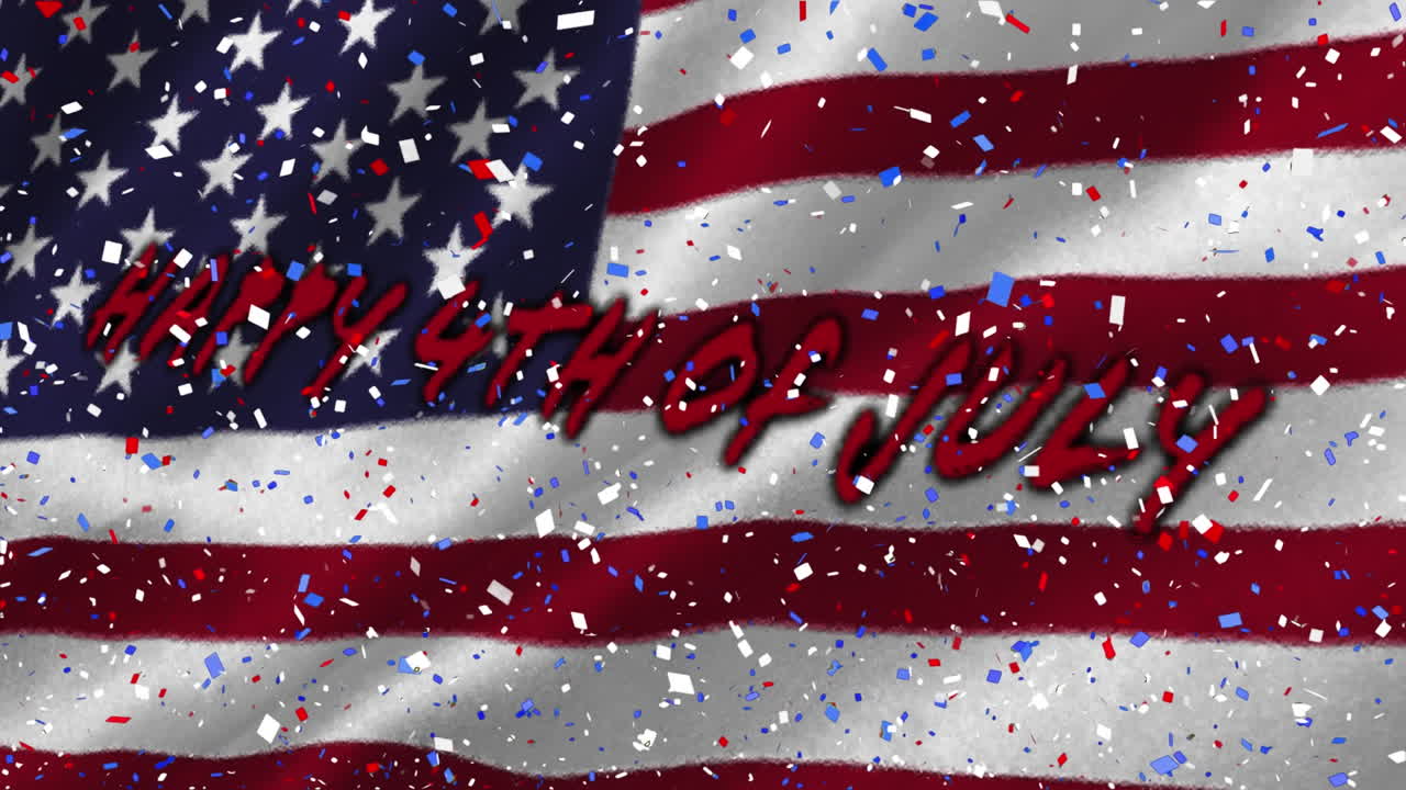 Digital animation of confetti falling over happy 4th of july text against waving american flag