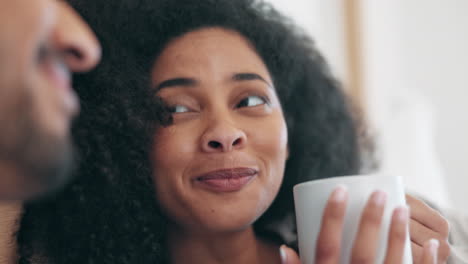 coffee, morning and funny couple laughing at joke