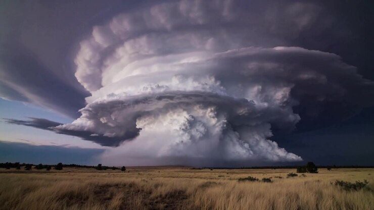 Building supercell with stacked anvils and bright updraft rising over grassland, bringing rain