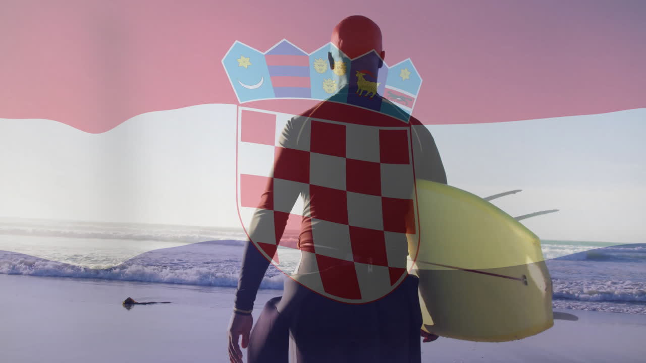 Carrying surfboard on beach, surfer with Croatian flag animation overlay