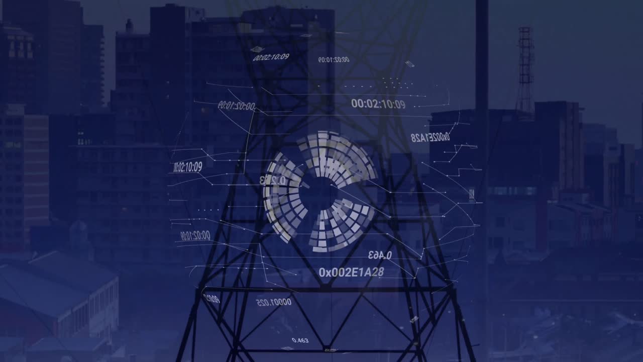 도시 에 있는 건물 들 에 대항 한 전기 기둥 과 함께 전 세계 에 있는 숫자 들 의 애니메이션