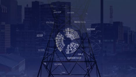 Animation-of-digits-around-globe-with-electricity-pylon-against-buildings-in-city