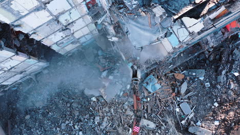 Dangerous destroyed building after earthquake. Destructive broken house catastrophe.