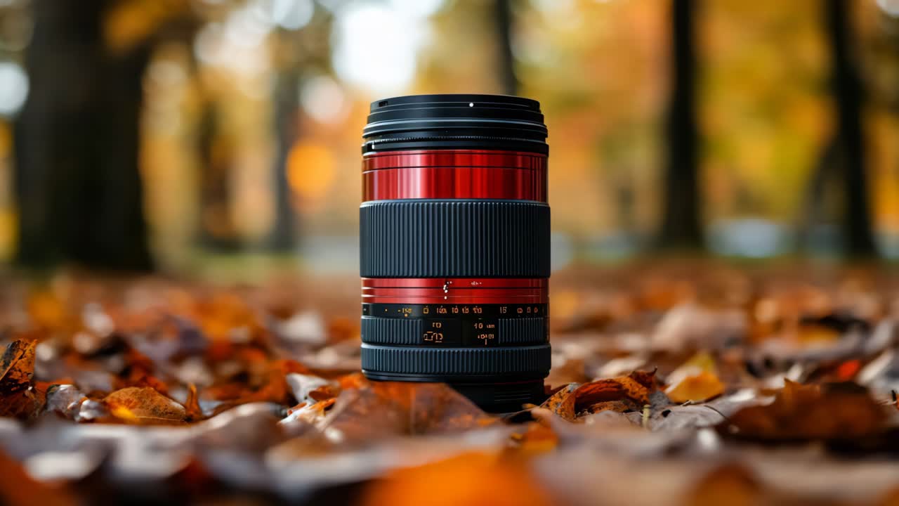 Obiettivo rosso della fotocamera tra foglie autunnali