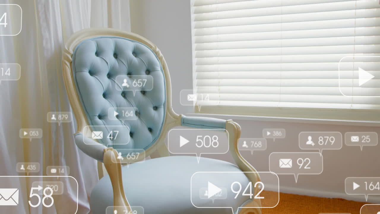 소셜 미디어 상호 작용 아이콘 애니메이션과 함께 창문 근처의 우아한 의자