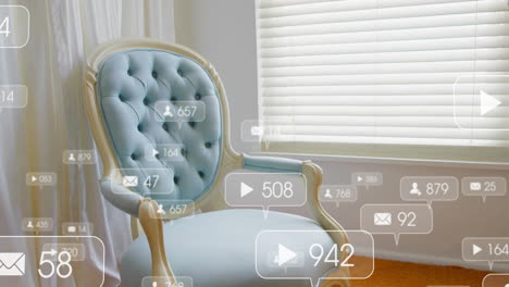 social media interaction icons animation over elegant chair near window with blinds