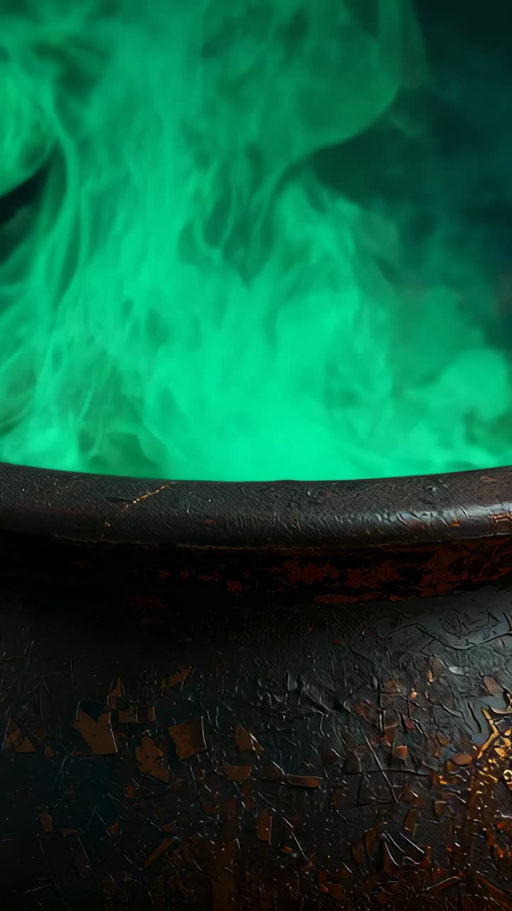Vertical video: Simmering chipped cauldron emitting glowing green vapor swirling in darkness