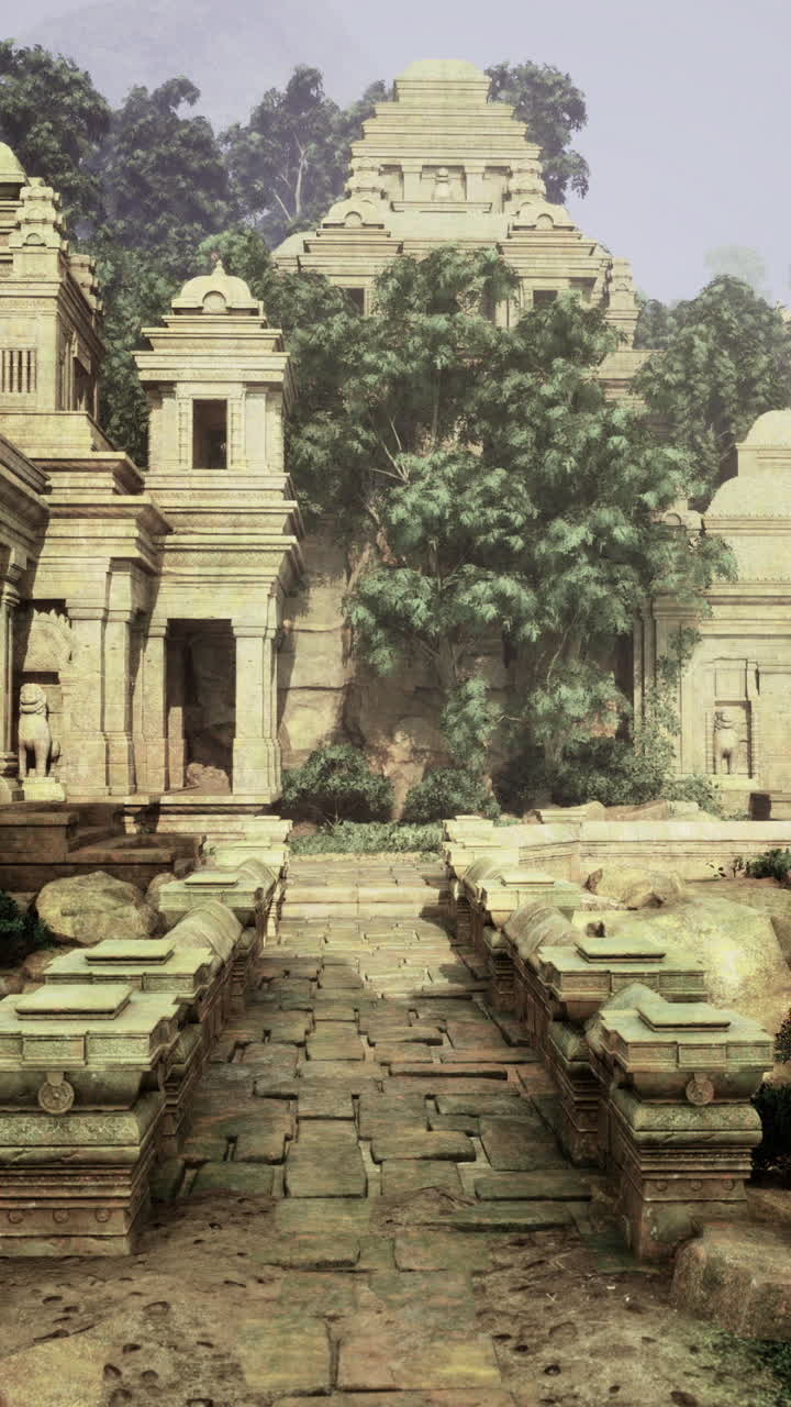 Mysterious ancient ruins surrounded by lush greenery in a serene landscape