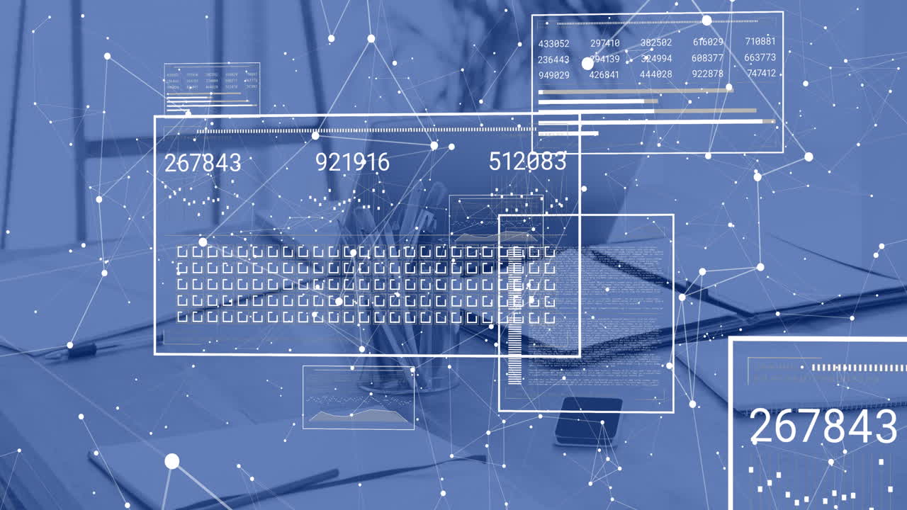 Animation of data processing and network of connections over office desk with laptop