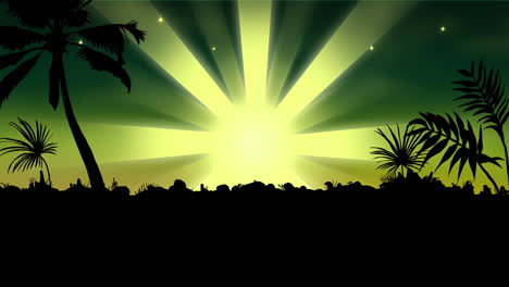 Animation-of-black-silhouette-of-tropical-landscape-over-sun-shining-on-green-background