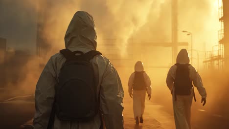 people in hazmat suits walking through industrial area