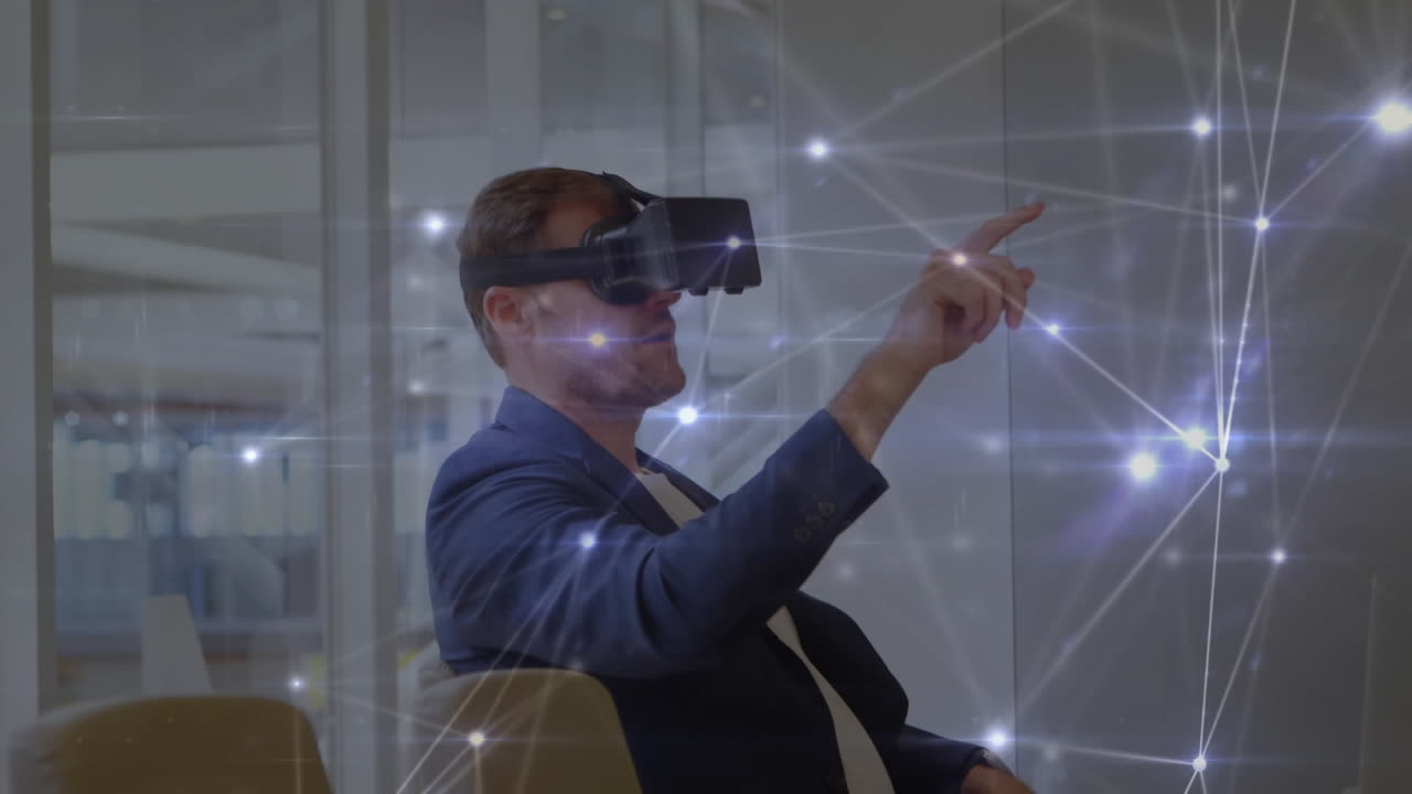 Animation of network of connections over man wearing vr headset