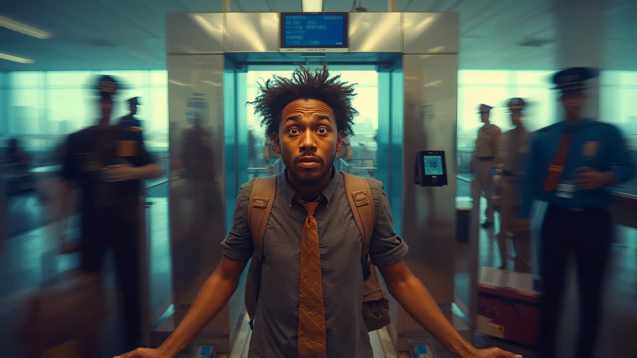 Stepping male traveler initiating scan in scanner at airport for boarding, camera zooming on face