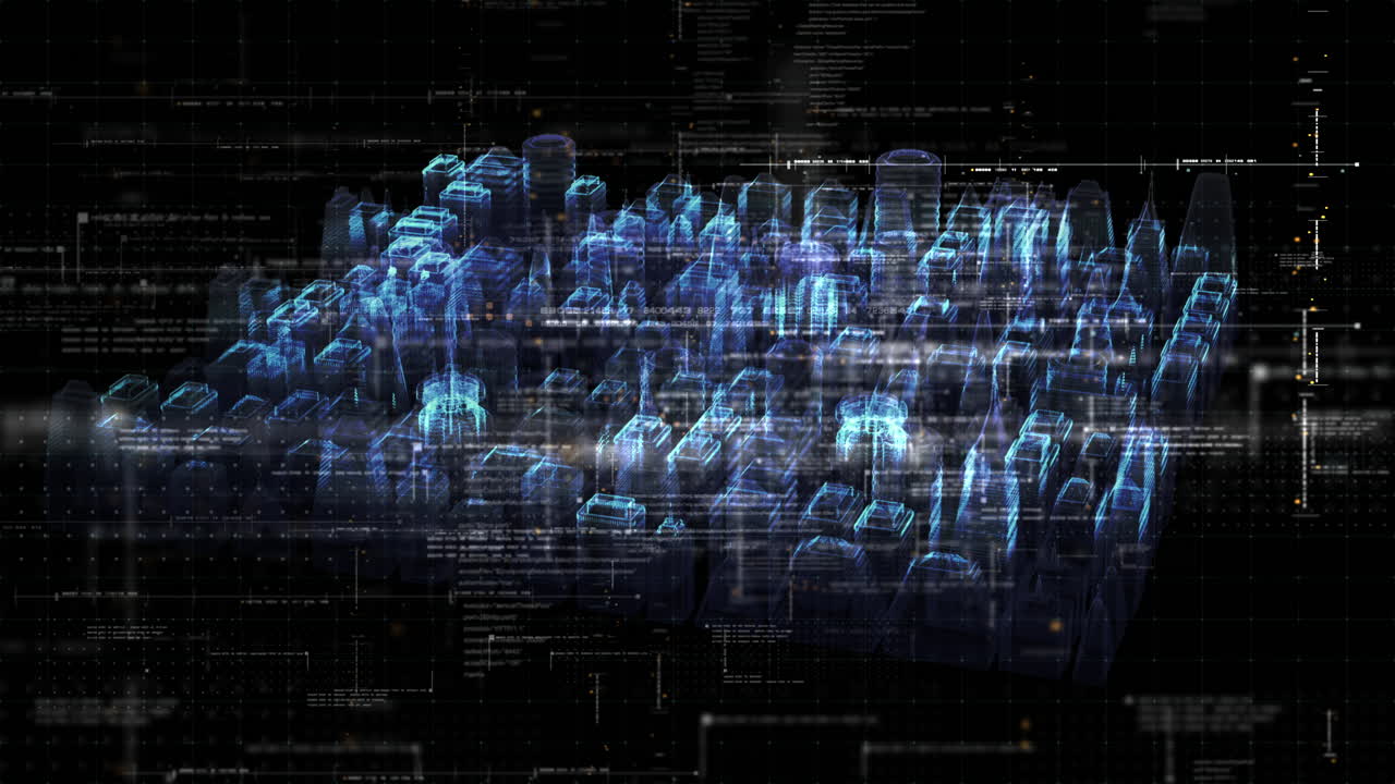 Futuristic simulation of 5G network concept, artificial intelligence quantum physic deep learning performing analytic computational head up display loop background